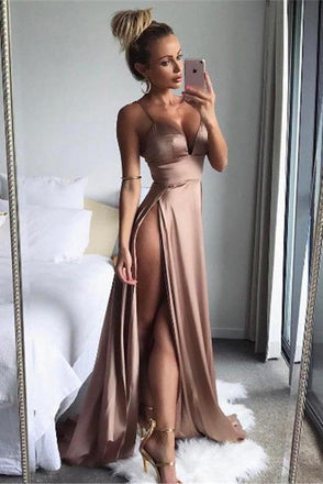 A Line Spaghetti Straps Sexy Slit Prom Dresses. Cheap Long Evening Dress DMJ26