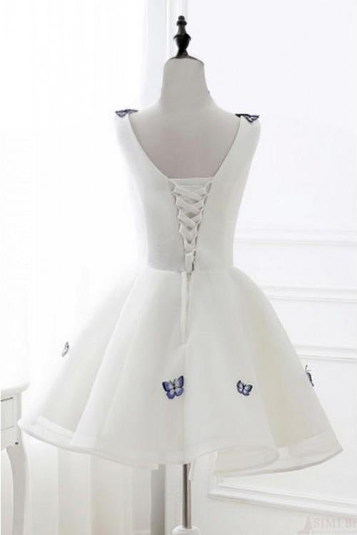V-Neck Ivory Short Chic Butterfly Ivory A Line Short Homecoming Dress DMA62