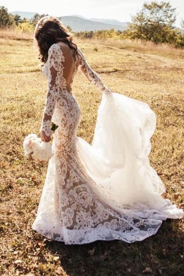 Lace Wedding Dress,Romantic Wedding Dresses,Long Wedding Dresses,Mermaid Wedding   Dresses,Backless Wedding Gown,Long Sleeve Bridal Gowns