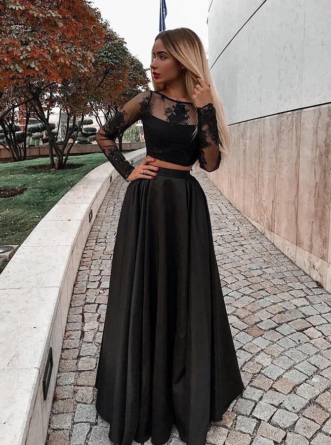 Two Piece Long Sleeve Floor-Length Black Prom Dress with Lace Appliques OKJ13 Demodresses Two Piece Long Sleeve Floor-Length Black Prom Dress with Lace Appliques OKJ13 Demodresses