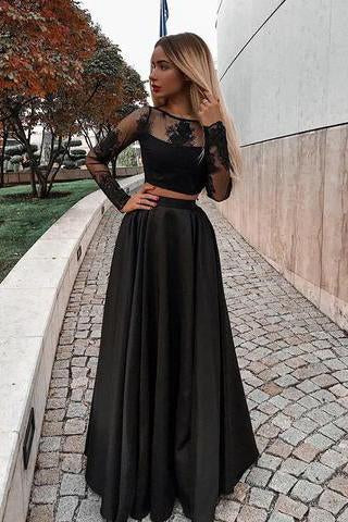 Two Piece Long Sleeve Floor-Length Black Prom Dress with Lace Appliques DMJ13