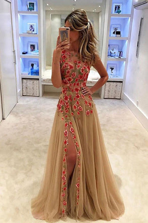 Unique Prom Dresses,Tulle Prom Dresses,Long Prom Dresses,Flower Appliques Prom Dresses,Side Slit Prom Dress,Formal Prom Dresses,Prom Dresses Stunning