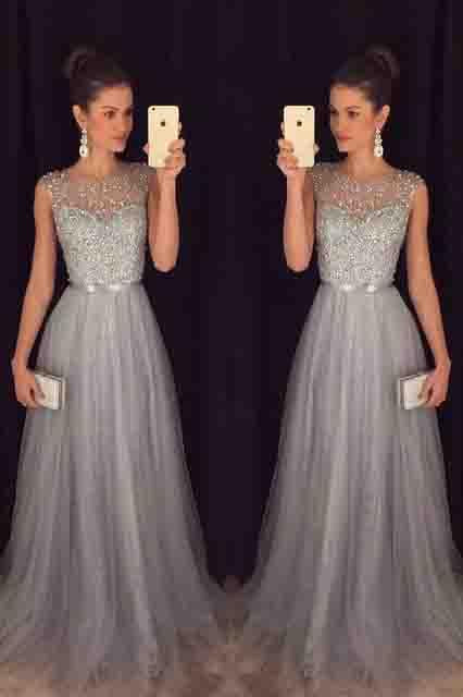 Elegant Gray Tulle Long A Line Prom Dress,Formal Party Dresses DME94