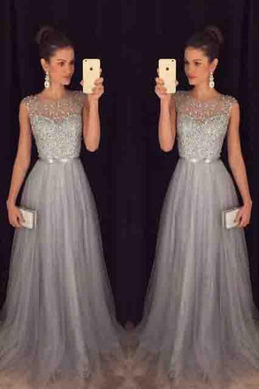 Elegant Gray Tulle Long A Line Prom Dress,Formal Party Dresses DME94