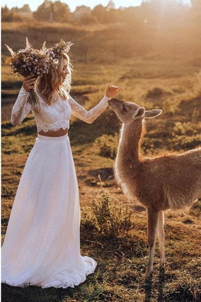 Two Piece Crew Long Sleeves White Chiffon Boho Wedding Dress with Lace DMK43