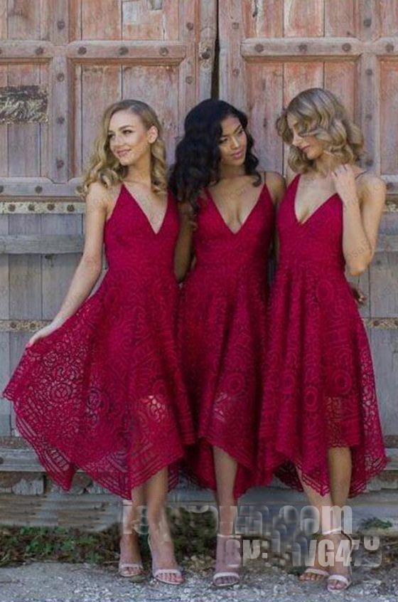 Navy Blue/Pink Deep V-neck Spaghetti Straps Sleeveless Asymmetry Lace A-line Bridesmaid Dress DM236