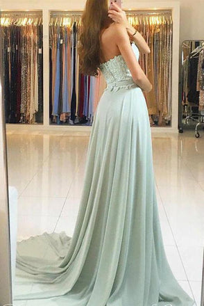 Sweetheart Strapless Cheap Long Chiffon Prom Dresses with Lace DM781
