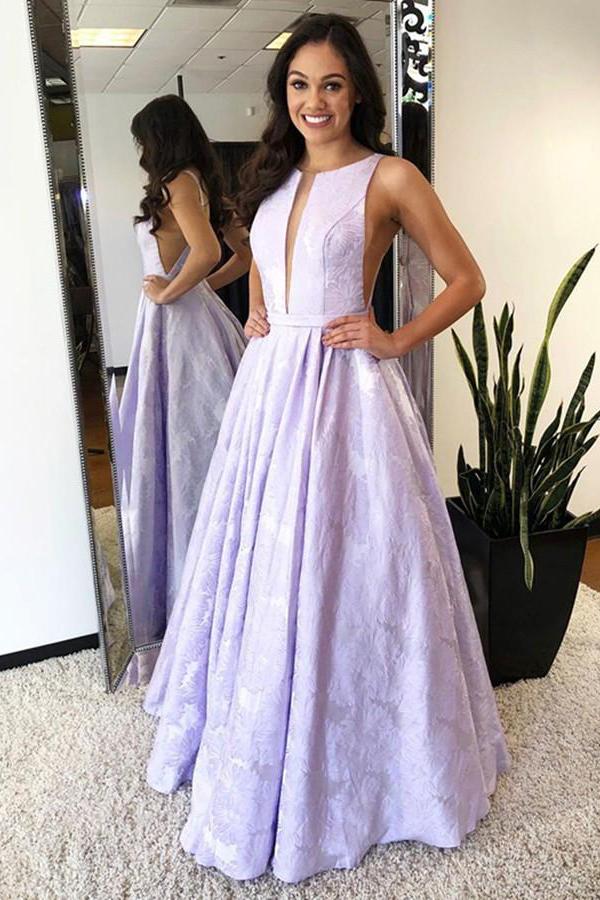 A-Line Floor-Length Lilac Printed Prom Dress, Simple Long Evening Dresses DMJ12