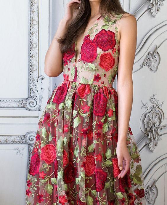 Red Floral Embroidery See Through Long Elegant Formal Prom Dresses DMG89