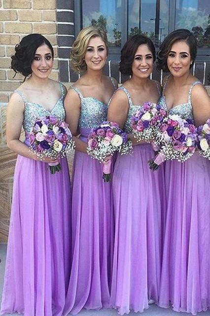 A Line Chiffon Beading Bridesmaid Dresses,Spaghetti Straps Long Bridesmaid Dress DM116
