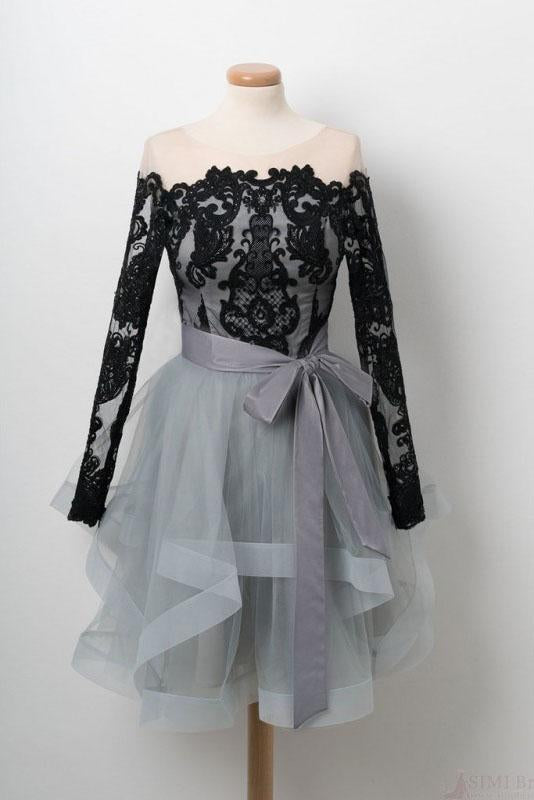 A Line Black Lace Off Shoulder Homecoming Dresses with Long Sleeves DME15