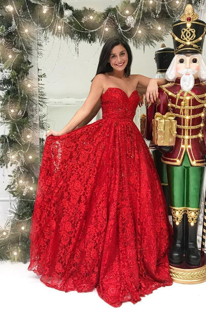 Princess A Line Sweetheart Strapless Red Lace Long Prom Dress DM760