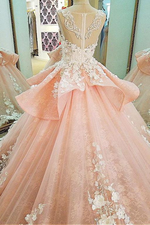 Tulle Lace Scoop Neckline Ball Gown Wedding Dress With Lace Appliques,Quinceanera Dresses DM619