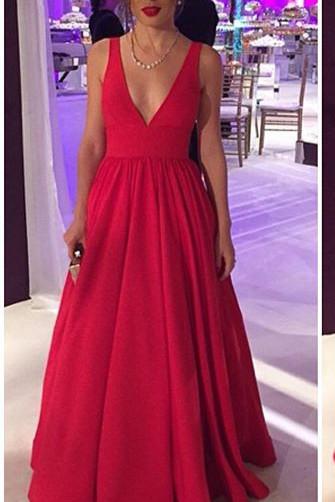 stunning Long Satin Red Prom Gowns,Sexy Backless Evening Party Dresses DM123