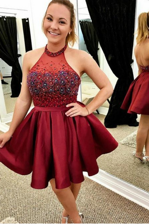 Burgundy Halter Sleeveless Backless A Line Homecoming Dresses DML81