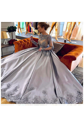 Elegant A-Line Bateau Long Sleeves Grey Satin Prom Dress with Appliques DMF55