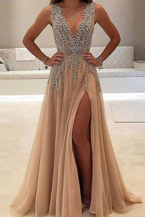 A-line V-neck Tulle Sexy Shinny Rhinestone Long Prom Dress With Slit DMA89