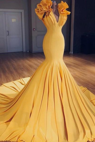 Charming Mermaid V-Neck Sleeveless Yellow Long Prom Dress with Ruffles DMH3