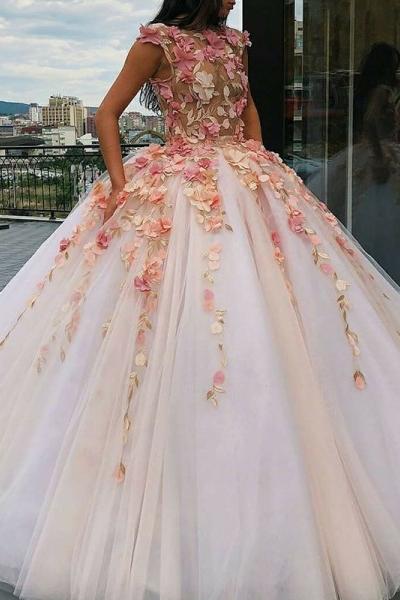 Jewel Tulle Long Cap Sleeves Ball Gown Prom Dress with Flower Appliques DMH10