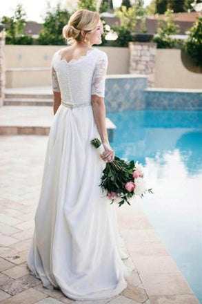 Lace A-Line Beading Ivory Half Sleeve Chiffon Long Wedding Dress DM597