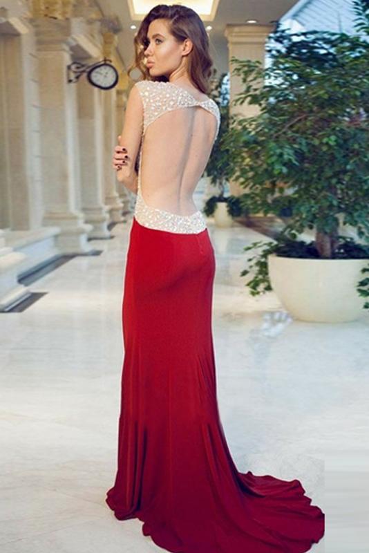 Sheath Red Cap Sleeve Sweetheart Front Slit Long Prom Dresses With Rhinestone DM754