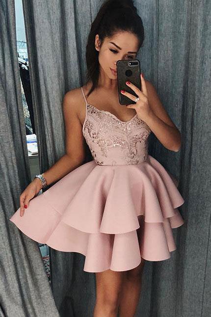 Cute Spaghetti Straps Pink Tiered A Line Short Homecoming Dresses DMB16