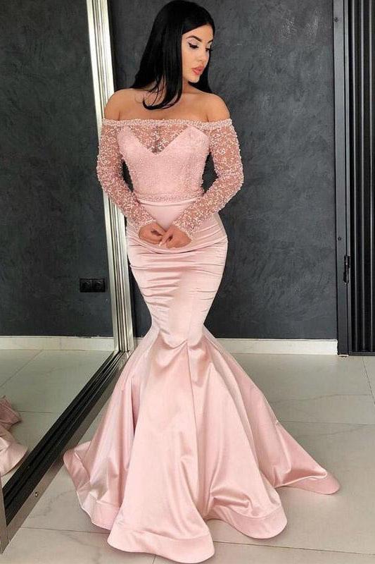 Off the Shoulder Long Sleeves Mermaid Lace Top Pink Long Prom Dresses OKG37 Demodresses Off the Shoulder Long Sleeves Mermaid Lace Top Pink Long Prom Dresses OKG37 Demodresses