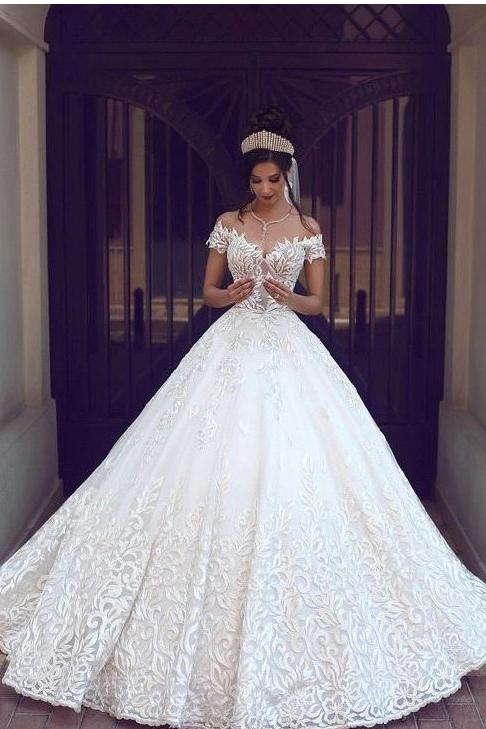 off shoulder short sleeve wedding dress Short Sleeve Wedding Dresses
