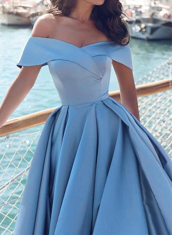 Off Shoulder Blue Prom Gown with Slit, Long Formal Evening Dress with Sweep Train DMD95