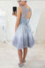 A-Line Round Neck Open Back Short Blue Homecoming Dress with Lace Appliques DMB82