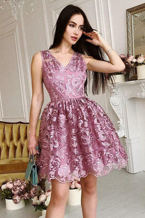 Unique A-Line V-Neck Short Purple Lace Homecoming Dress,Graduation Dresses DMB01