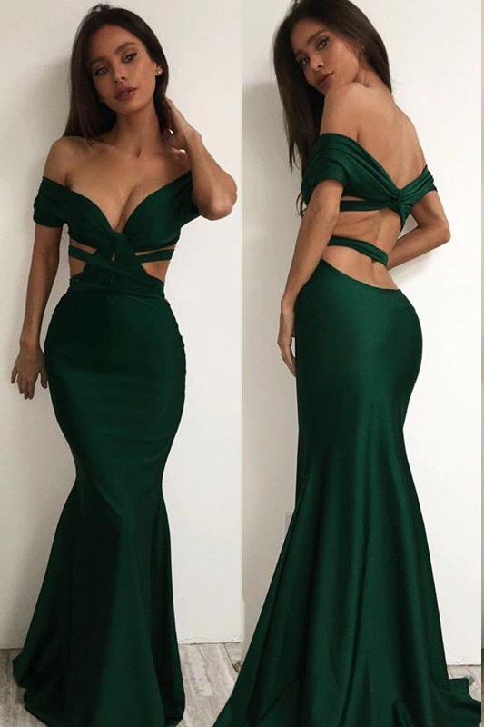 Sexy Off the Shoulder Cross Backless Green Mermaid Prom Dresses DMD73