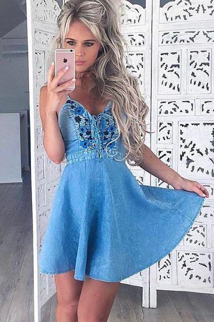 New Arrival Blue A Line Spaghetti Straps Short Homecoming Dress DMB78