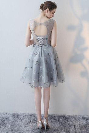 Unique A-line Scoop Grey Mini Tulle Sleeveless Homecoming Dresses DMA73