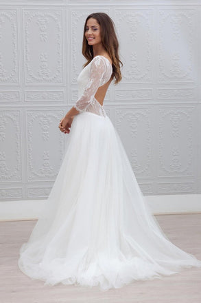Simple 3/4 Sleeves Open Back V neck Charming Tulle Wedding Dress DM797