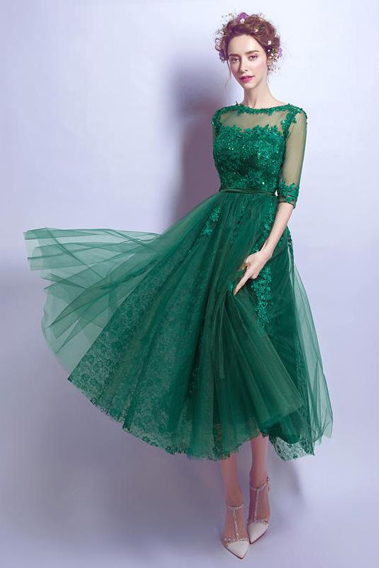 Dark Green Cheap Applique Lace Short Homecoming Dresses With Half Sleeves,Graduation Gowns DMC20