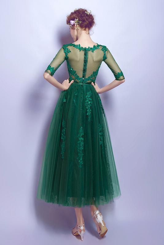 Dark Green Cheap Applique Lace Short Homecoming Dresses With Half Sleeves,Graduation Gowns DMC20