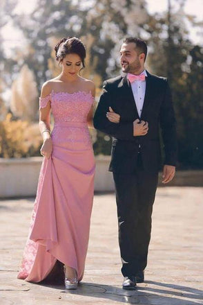 Applique Long Off the Shoulder Evening Formal Dresses,Satin A line Party Dresses DMF34