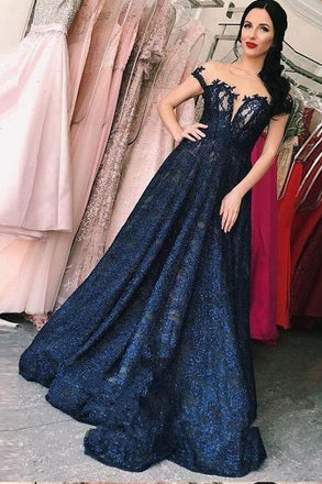 Lace A-line Dark Blue Long Prom Dress,V Neck Evening Dresses DME55