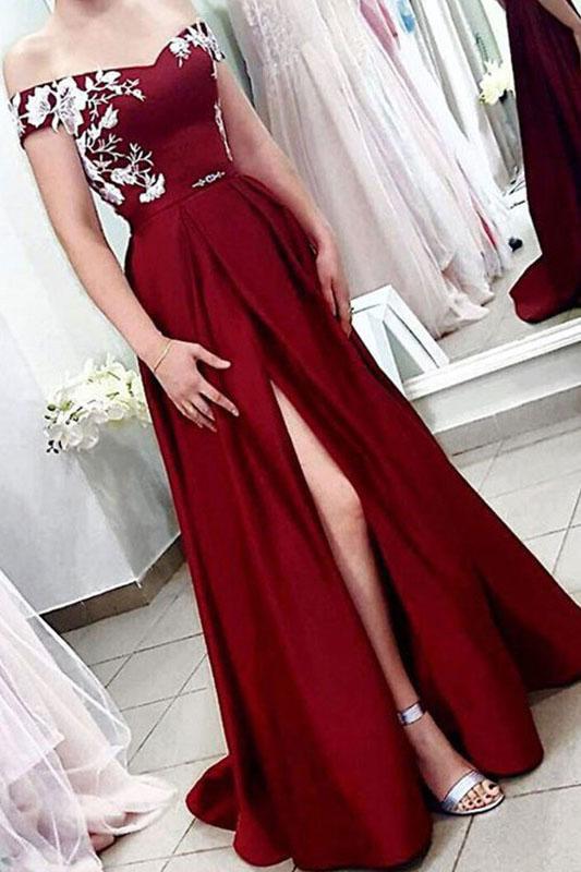 A Line Off the Shoulder Short Sleeves Burgundy Satin Prom Dress With Split DMQ64