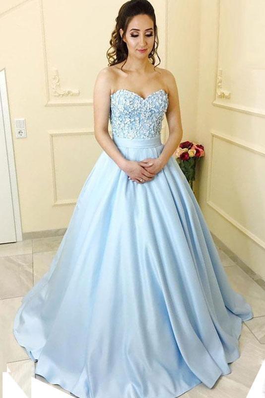 Modest A-Line Sweetheart Light Blue Long Prom Dress With Lace Demodresses Modest A-Line Sweetheart Light Blue Long Prom Dress With Lace Demodresses