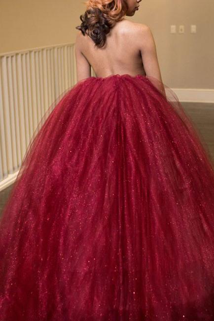 Princess Ball Gown High Neck Backless Burgundy Tulle Long Prom Dress DM604