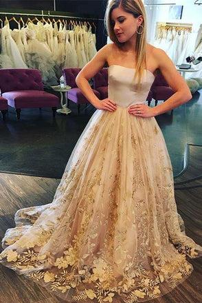 Strapless Sweep Train A Line Long Prom Dress With Floral Appliques DMA95