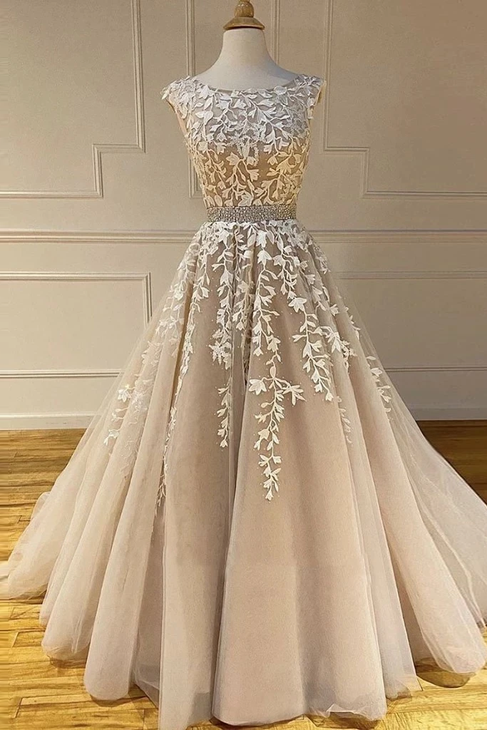 A-line Scoop Lace Appliques Long Prom Dresses Cheap Evening Dress DMS92