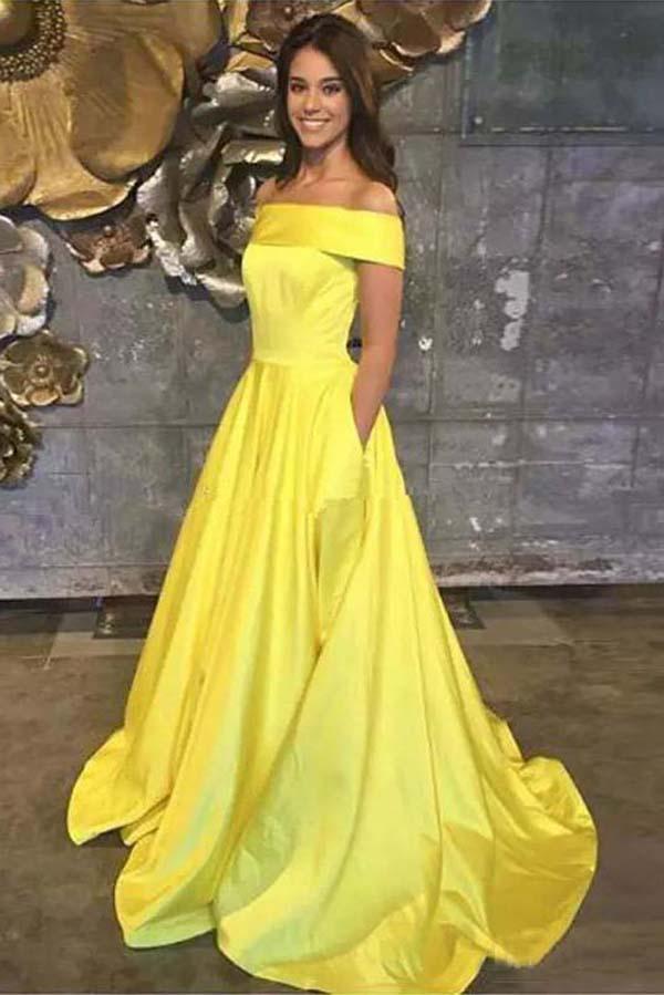 Yellow Off The Shoulder A Line Prom Dress,Long Evening Gown With Pockets DMJ67