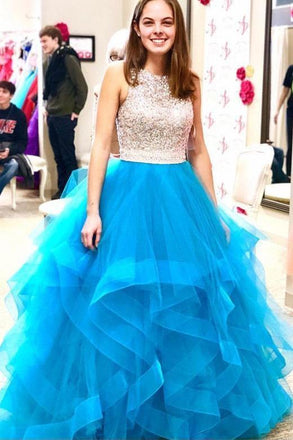 Beaded Organza Ruffles Ice Blue Ball Gown Prom Dress DME57
