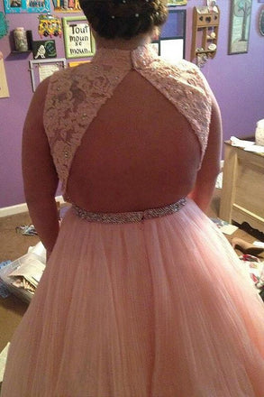 Pink Tulle High Neck Long Beading Plus Size Prom Dress With Lace Top DM660