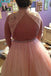 Pink Tulle High Neck Long Beading Plus Size Prom Dress With Lace Top DM660