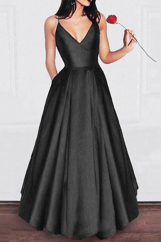 Charming A Line V Neck Satin Spaghetti Straps Long Prom Dress,Girls Graduation Dresses DMB29