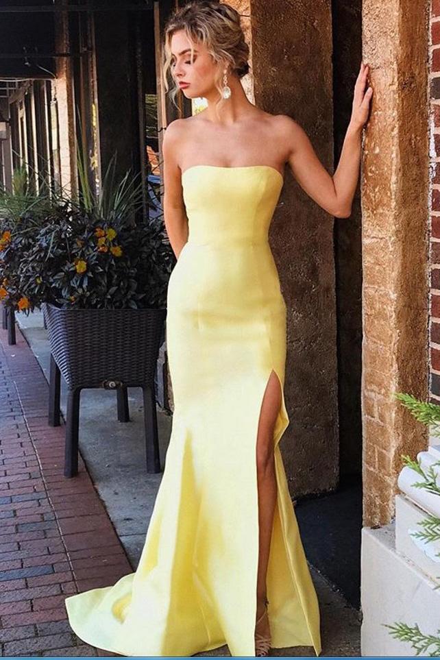 Yellow Mermaid Elegant Strapless Satin Long Prom Dresses With Slit Demodresses Yellow Mermaid Elegant Strapless Satin Long Prom Dresses With Slit Demodresses